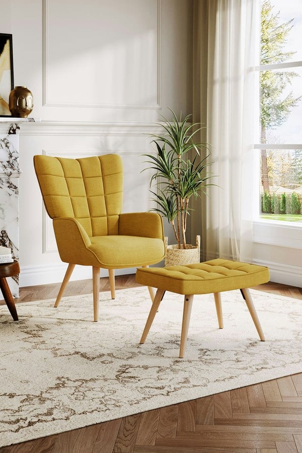 Living and Home Yellow Linen Upholstered Armchair with Footstool