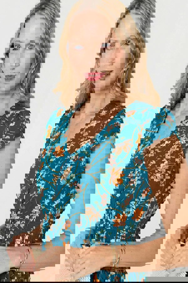 Teal | Floral Cap Sleeve Lace Trim Maxi Dress
