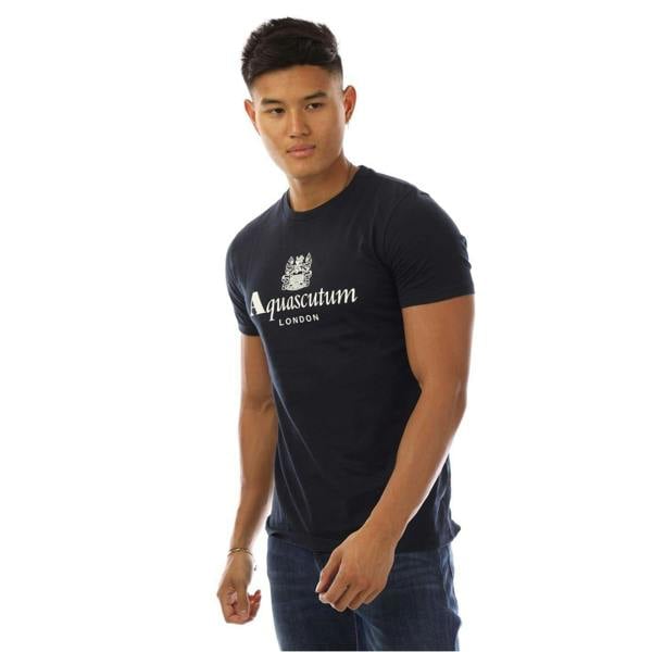 Aquascutum Mens Logo Crew Neck Regular T-Shirt - Navy/White - 