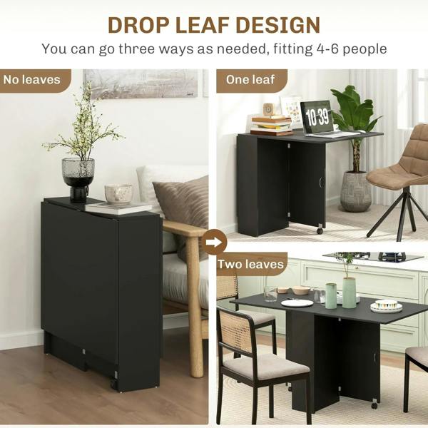 Black drop-leaf dining table with two-tier shelf, expanded and folded leaf options