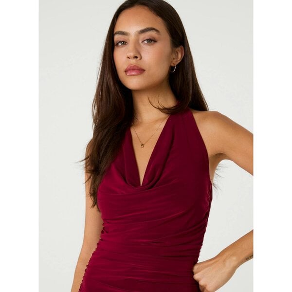 Pink Vanilla Slinky Cowl Neck Ruched Mini Dress