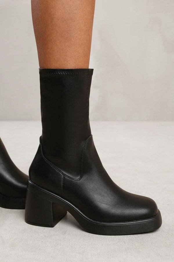 Where's That From Paloma Mid Calf Boot With Chunky Heel in Black Faux Leather