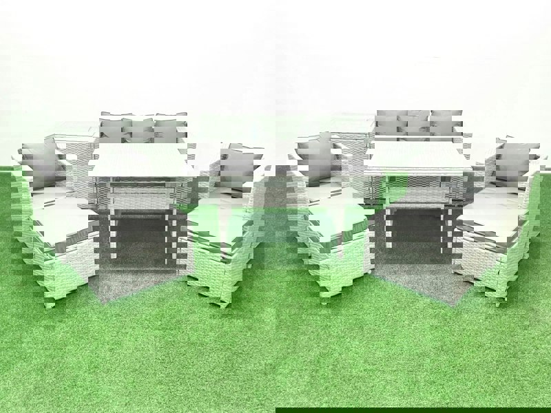 Fimous Garden Dining Set Outdoor Rattan Furniture Set with Sofa Dining Table 2 Chairs 2 Big Footstools Side Table Light Grey Mixed