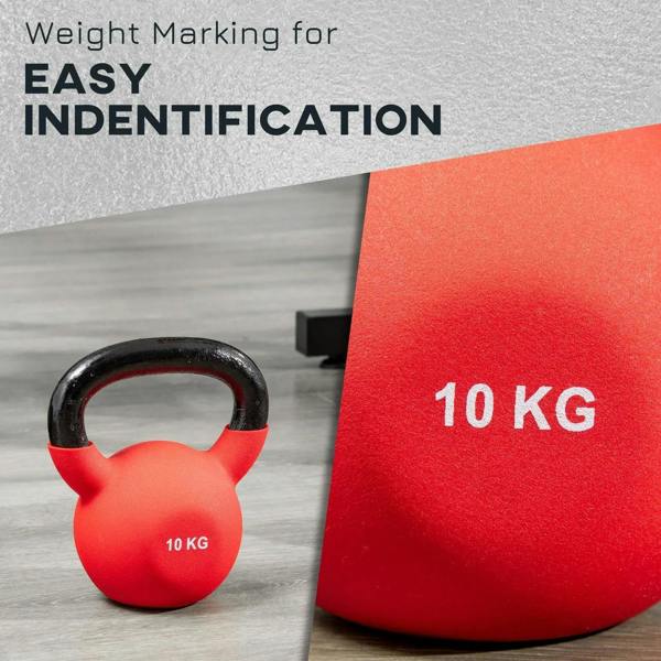 Red 10 kg soft kettlebell on floor with black handle and weight marking