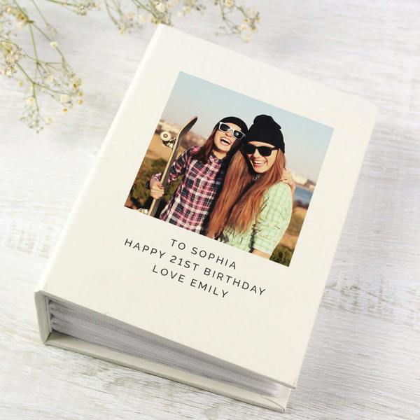 White Personalised Birthday Photo Album With Sleeves featuring a printed cover photo of friends and custom birthday message by Abode Home & Gifts