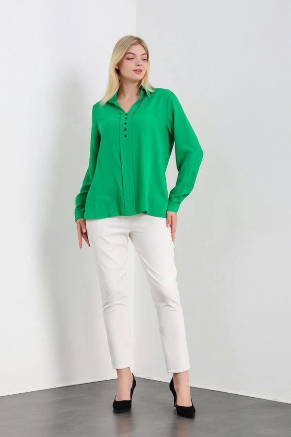 Hoxton Gal Oversized Long Sleeves Blouse Shirt with Button Details in Green