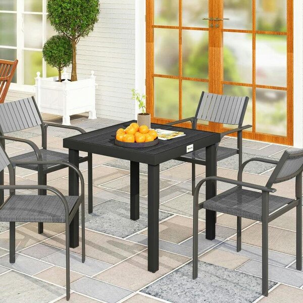 78 cm Garden Dining Table for 4 People, Square Outdoor Coffee End Side Table with Aluminium Legs, Black - Black