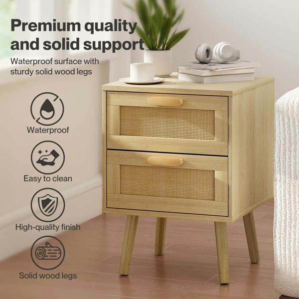 Levede Bedside Table Rattan 2 Pack Drawers Nightstand End Table Bedroom Bamboo