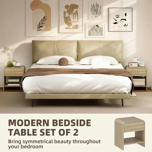 Bedside Tables Set of 2, Nightstands with Rounded Corners, Modern Side Table with Silent Drawer for Bedroom, Natural