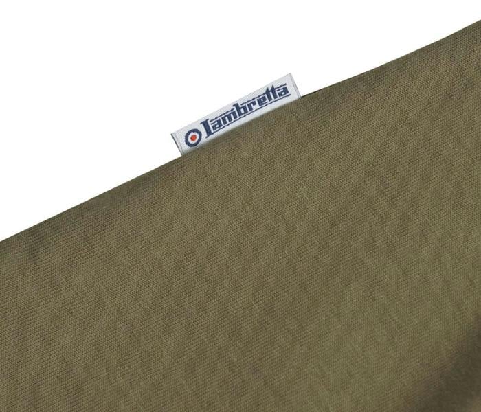 Lambretta Mens Classic Dress Gingham Mod Retro Ska Casual Polo, close-up of the clothing label peeking out from the brown textured fabric.