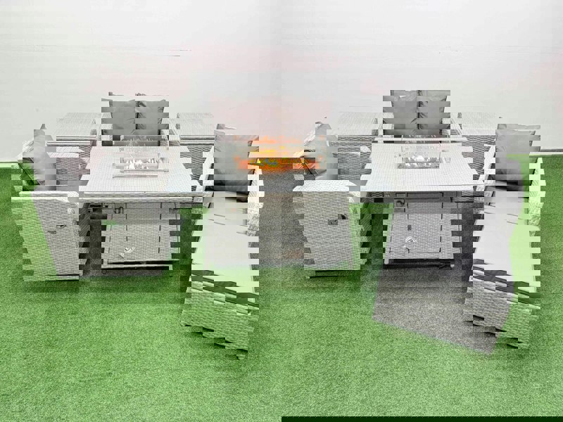 Fimous Light Grey PE Wicker Rattan Garden Furniture Set Sofa Set Reclining Chair Fire Pit Dining Table 5 Seater With Footstool 2 Side Table