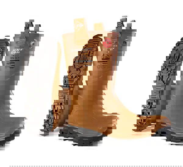 Dunlop Rigpro Lined Mens Steel Toe/Midsole S5 Rigger Boots, brown waterproof work boots with black rugged soles, steel toe, and midsole protection for industrial safety.