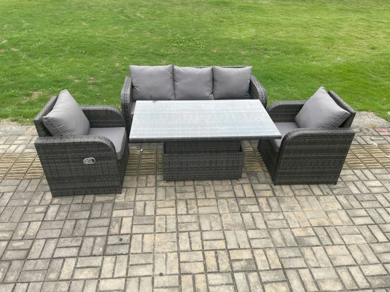 Fimous Rattan Outdoor Garden Furniture Sets Height Adjustable Rising lifting Dining Table Lounge Sofa Set With Reclining Chair Dark Grey Mixed