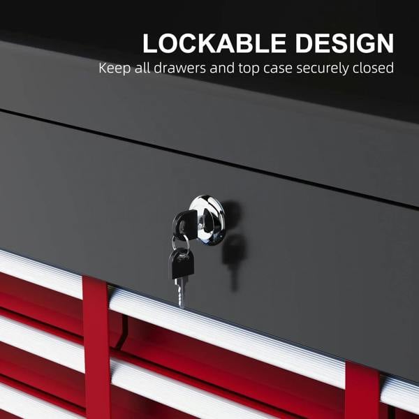 Lock on red-and-black steel tool chest front panel with key inserted