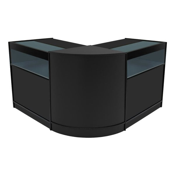 Black Iris LED shop counter set with two B900 display units, featuring sleek glass tops and modern curved design for retail spaces