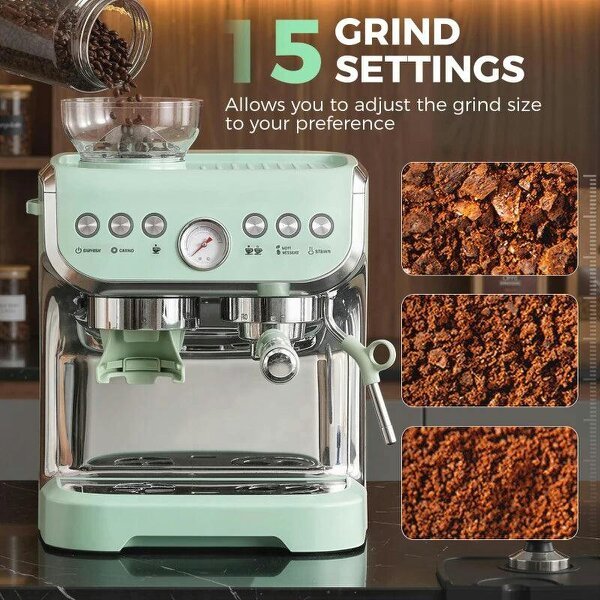 15 Bar Coffee Machine, with Adjustable Grind, Steamer and Accessories - Light Green