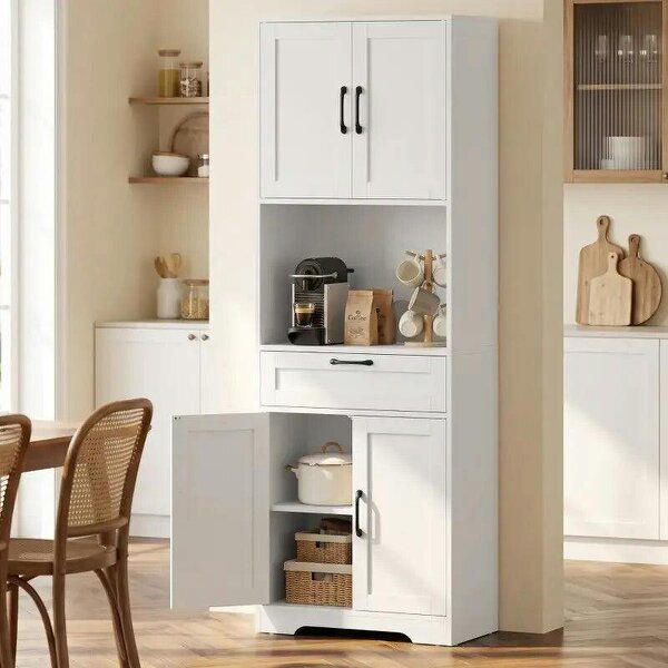170 cm Tall Kitchen Pantry with Adjustable Shelves, Freestanding Storage Cabinet with Open Shelf, White Wood Effect - White Wood Effect