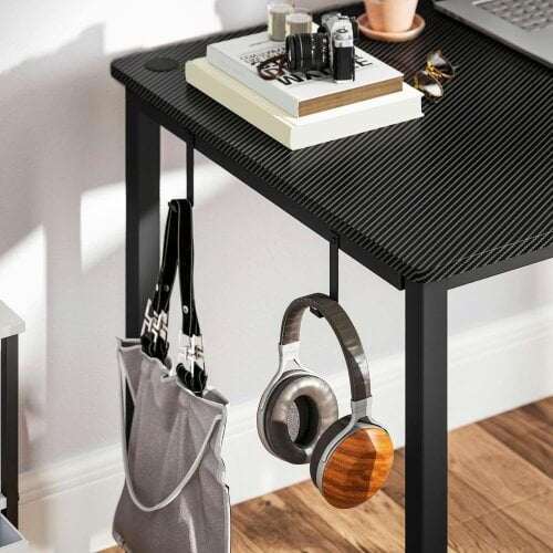 Wyld Haus Monotta 145cm Metal Black L Shaped Gaming Desk With Cable Management Fabric Storage and Hooks