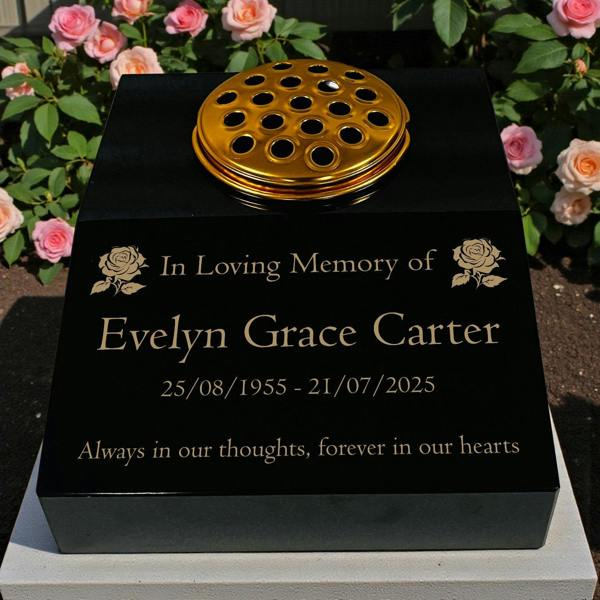 Memorials Direct Black Granite Sloping Memorial Desk with Vase – Rose Design, Free Gold Engraving