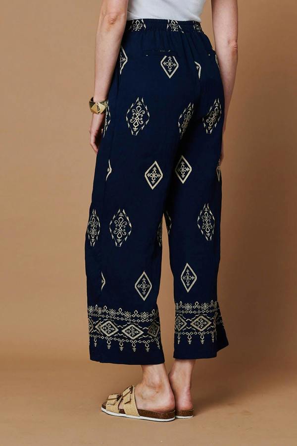 Navy | Border Printed High Waist Wide Trousers