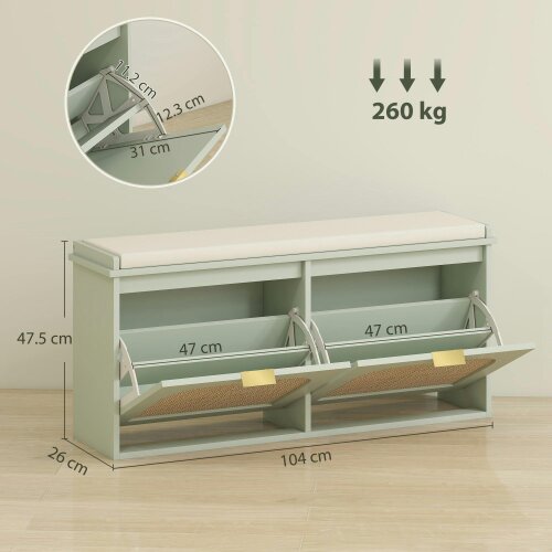 Wyld Haus Rika Wooden Light Green Boho Style Shoe Bench With Cushioned Seat And 2 Flip Drawers