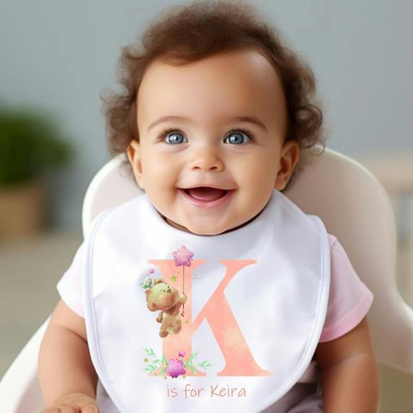 Personalised Pink Initial Teddy Baby Grow, Vest or Bib with Name