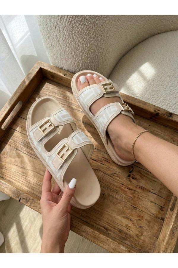 Willow Patterned Buckle Sandals - White