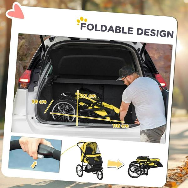 Yellow pet stroller jogger with foldable design, shown with car trunk layout graphic