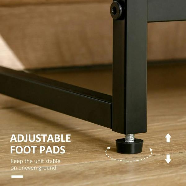 Adjustable foot pad on black metal leg base for stable placement on uneven ground