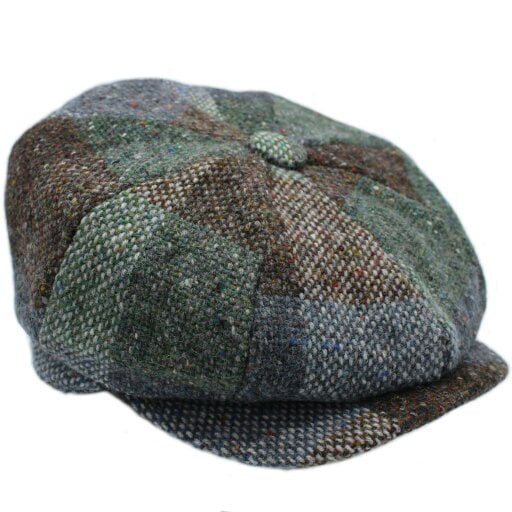 Heather Hats & Accessories Premium Irish Wool Tweed Flat Cap, Cotton Lining, Outdoor Wear, Rustic Patchwork Grey