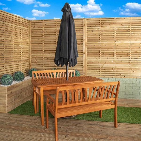 Samuel Alexander Outdoor 4 Person Rectangular Wooden Dining Table 2 Benches with Black Havana Parasol & Base