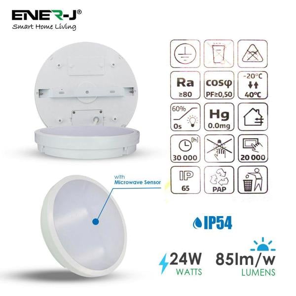 ENER-J 24W LED Bulkhead Ceiling Light with Microwave Sensor, IP65 Waterproof, 2000 Lumens, Cool White, Bathroom/Kitchen/Hallway Light