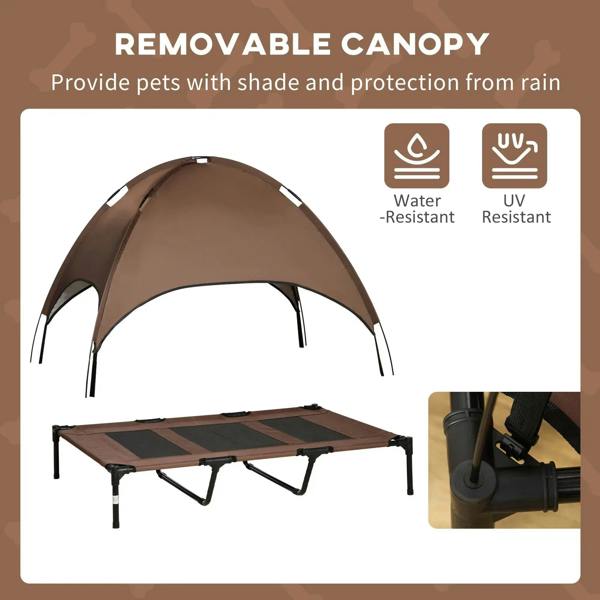 Brown raised dog cot with removable canopy and breathable mesh base on metal frame