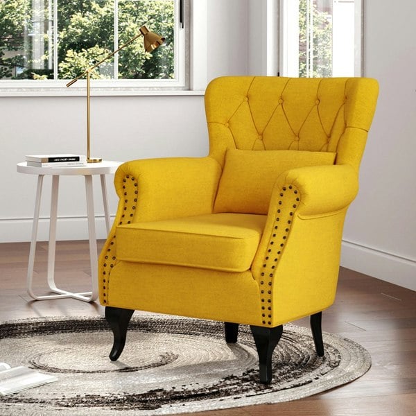 Linen Wingback Fireside Chair With Cushion Armchair Living and Home Yellow
