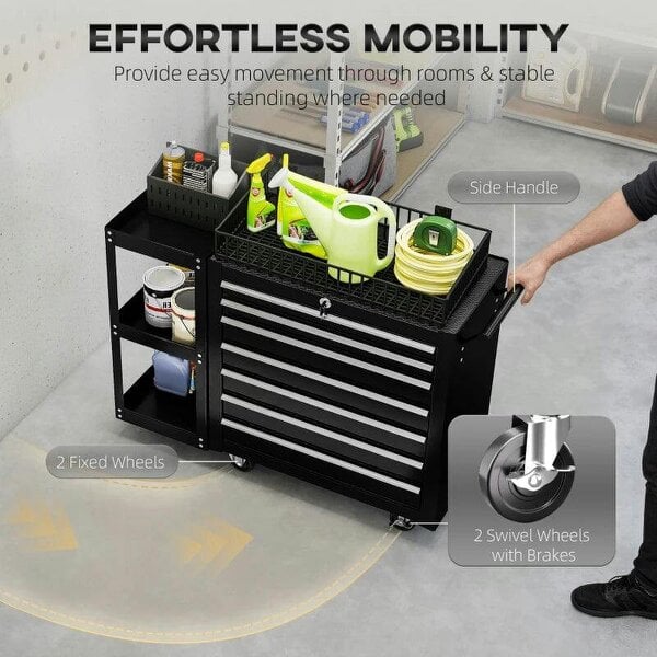 Lockable Steel Tool Chest on Wheels, 7 Drawer Tool Box with Handle for Workshop, Garage, Black