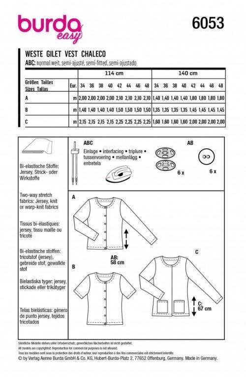 Burda Sewing Pattern 6053 Tops and Jackets For Women, 8-22 (34-48) - Easy