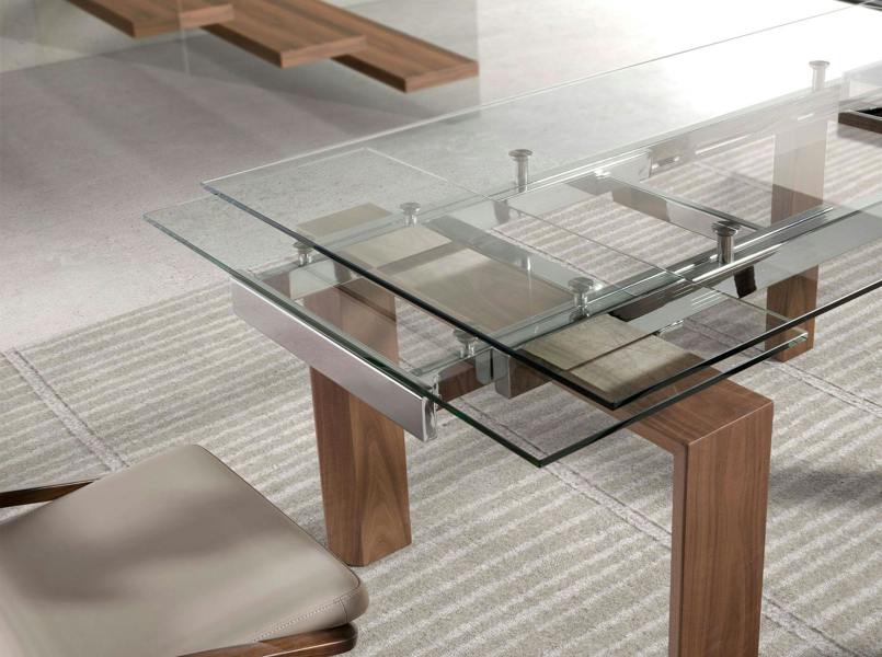 Angel Cerdá Rectangular tempered glass and walnut extending dining table 1007