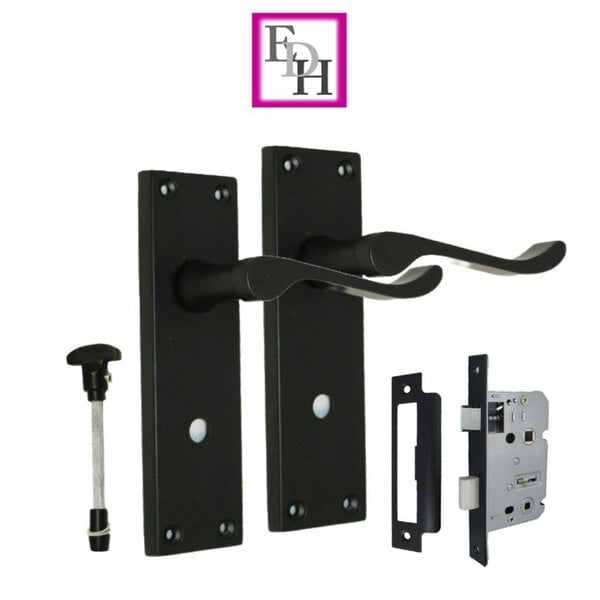 EDH Door Hardware Matt Black Modern Victorian Scroll Bathroom Door Handles and Bath Lock 1 Pair