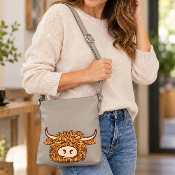 Mala Leather Highland Cow Crossbody Bag – Premium Soft Leather - Grey