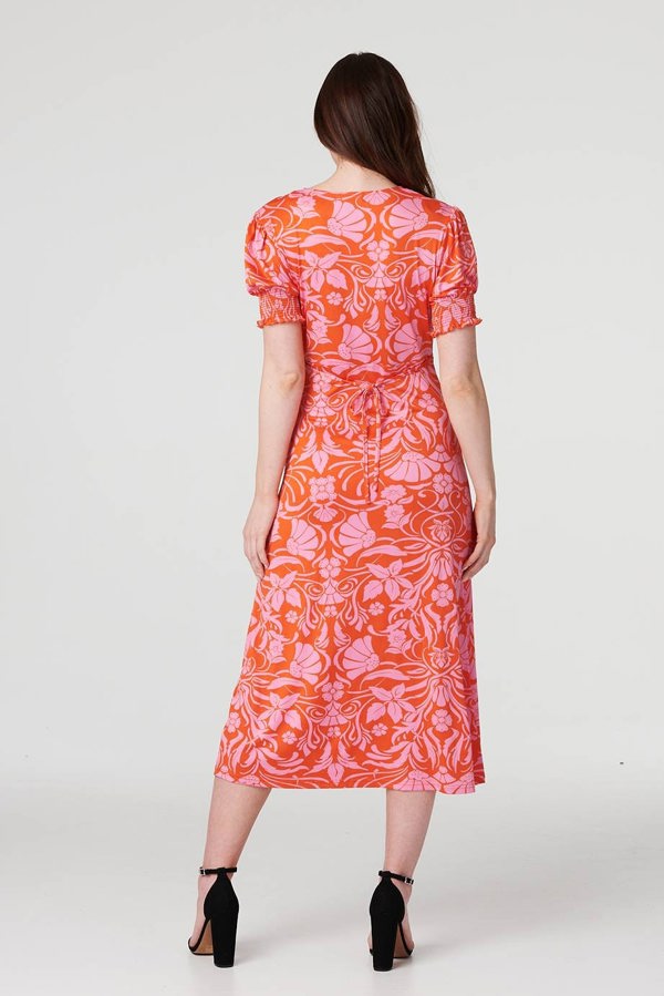 Orange | Floral Tie Back Midi Tea Dress