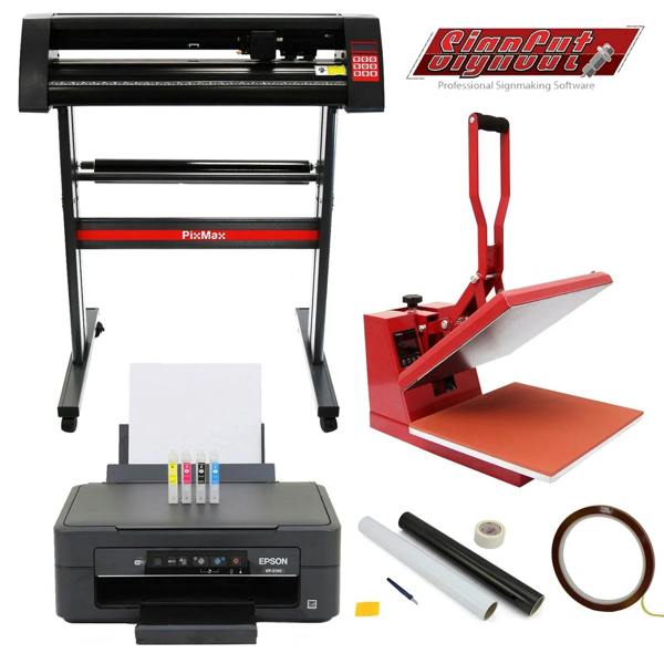 38cm clam press in red, 720mm vinyl cutter with black and red design, Epson printer with ink cartridges, and weeding kit displayed together