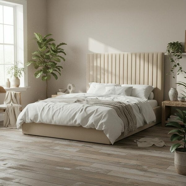 Wyld Haus Dublin Taupe Upholstered 4ft6 Double Ottoman Bed with Tall Ribbed Headboard