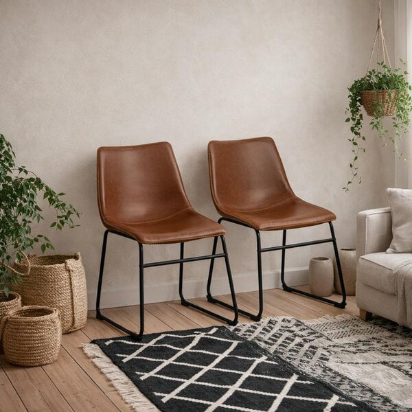 Wyld Haus Set of 2 Bogense Tan Brown Faux Leather Dining Chairs Cream Stitching