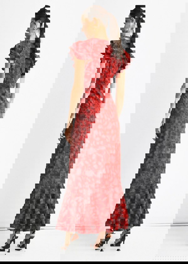 Gini London Red V Neck Floral Print Ruffle Maxi Dress