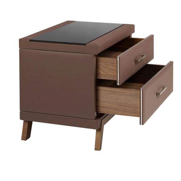 Angel Cerdá Leatherette Bedside Table, Walnut With Black Glass Top 7162