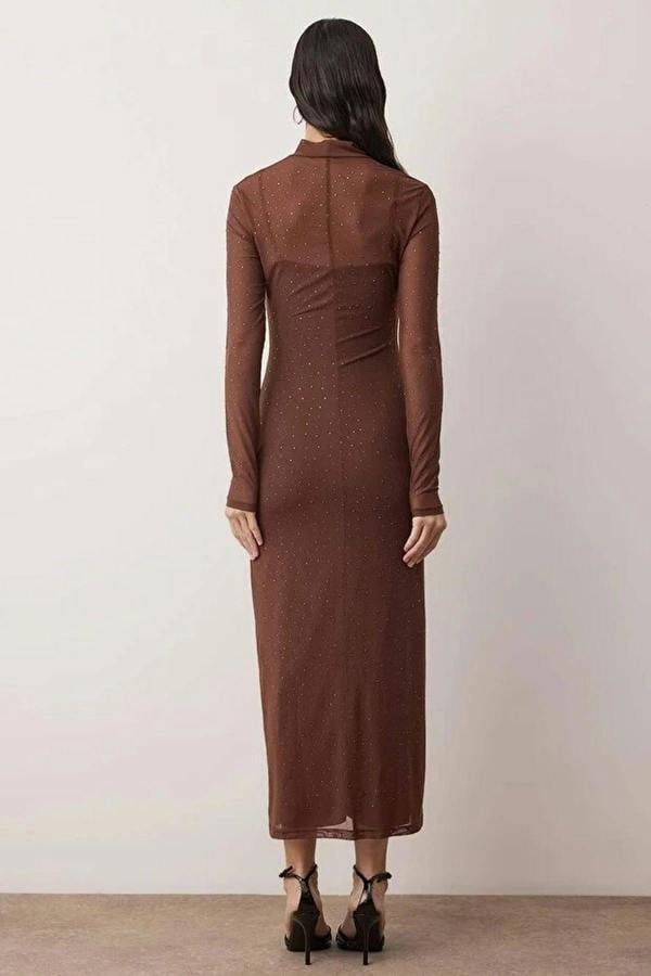 WOVCOR Black Tulle Evening Dress with Shiny Stones