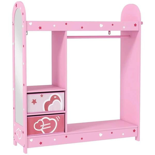 Pink kids clothes wardrobe rail with two open shelves and fabric storage bins