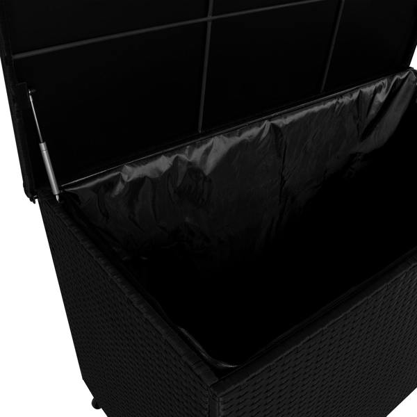 Black rattan cushion storage box with a spacious interior, featuring a textured weave and a durable, waterproof lining