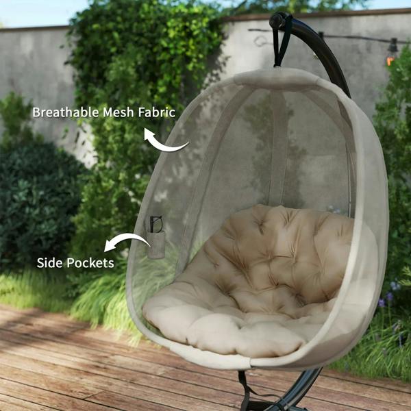 Close view of hanging egg chair cushion in khaki breathable mesh with side pockets