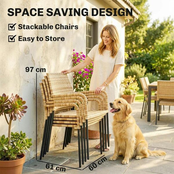 4 Seater Rattan Dining Set with Parasol, 6 Piece Garden Table and Stackable Chairs with Tempered Glass Tabletop